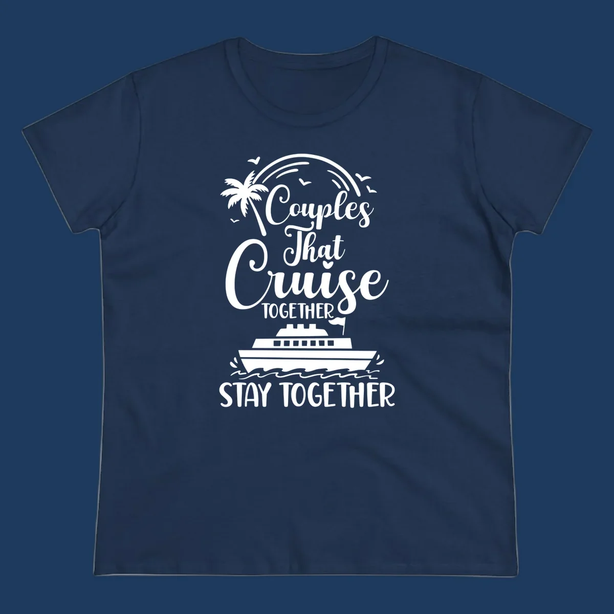 White illustration on gray background showing couples-cruise-together design with palm tree, cruise ship, waves, and seagulls