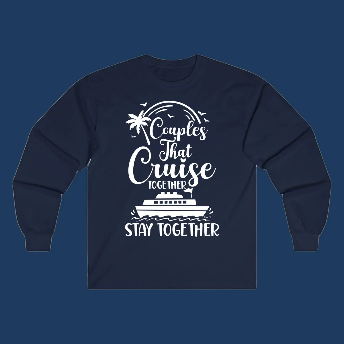 White illustration on gray background showing couples-cruise-together design with palm tree, cruise ship, waves, and seagulls