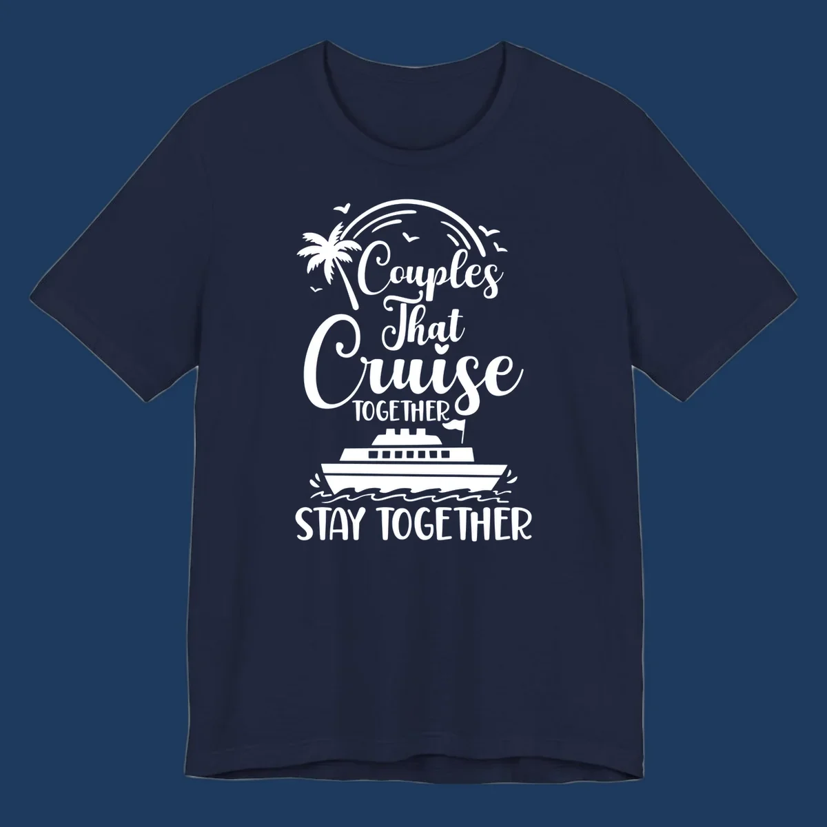 White illustration on gray background showing couples-cruise-together design with palm tree, cruise ship, waves, and seagulls