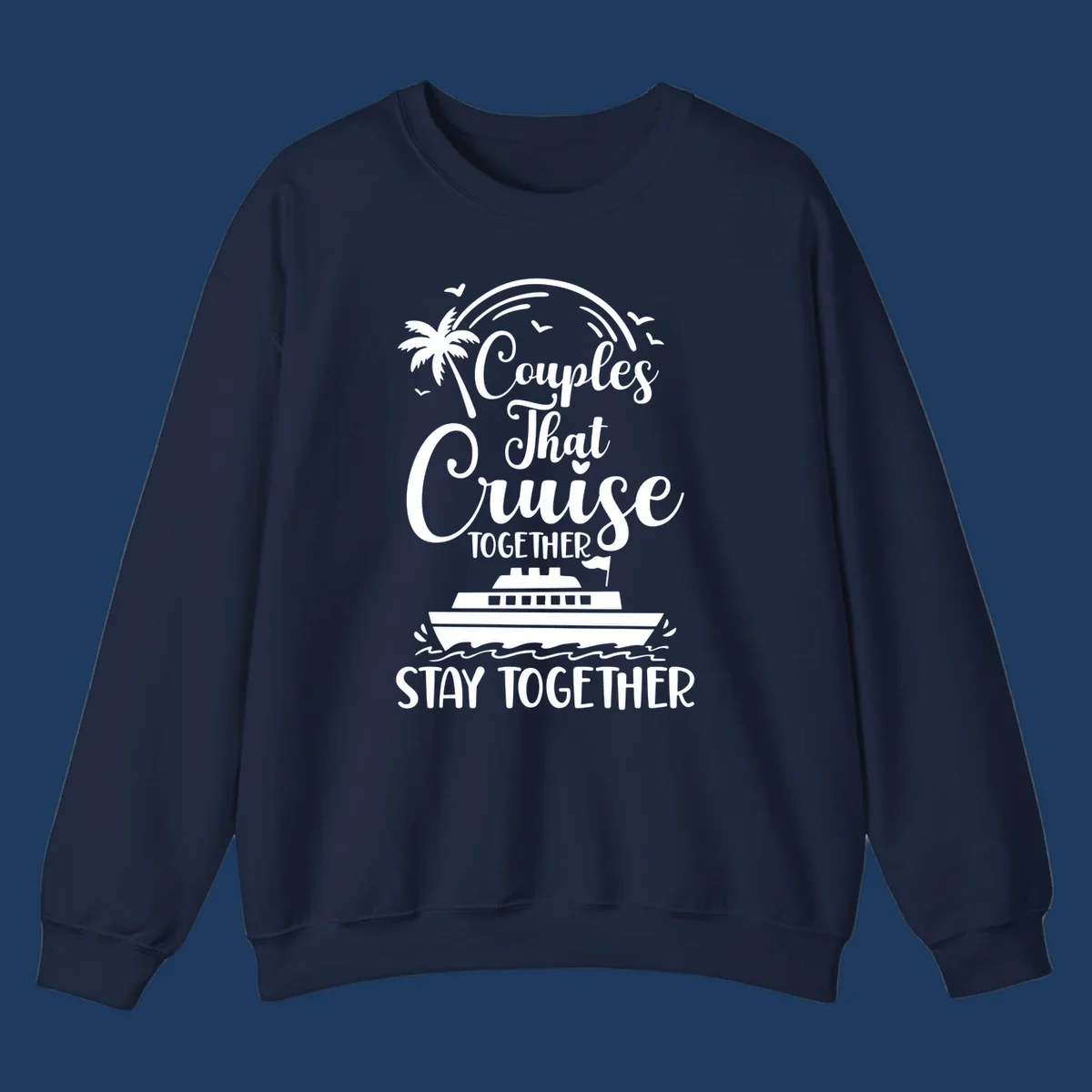 White illustration on gray background showing couples-cruise-together design with palm tree, cruise ship, waves, and seagulls