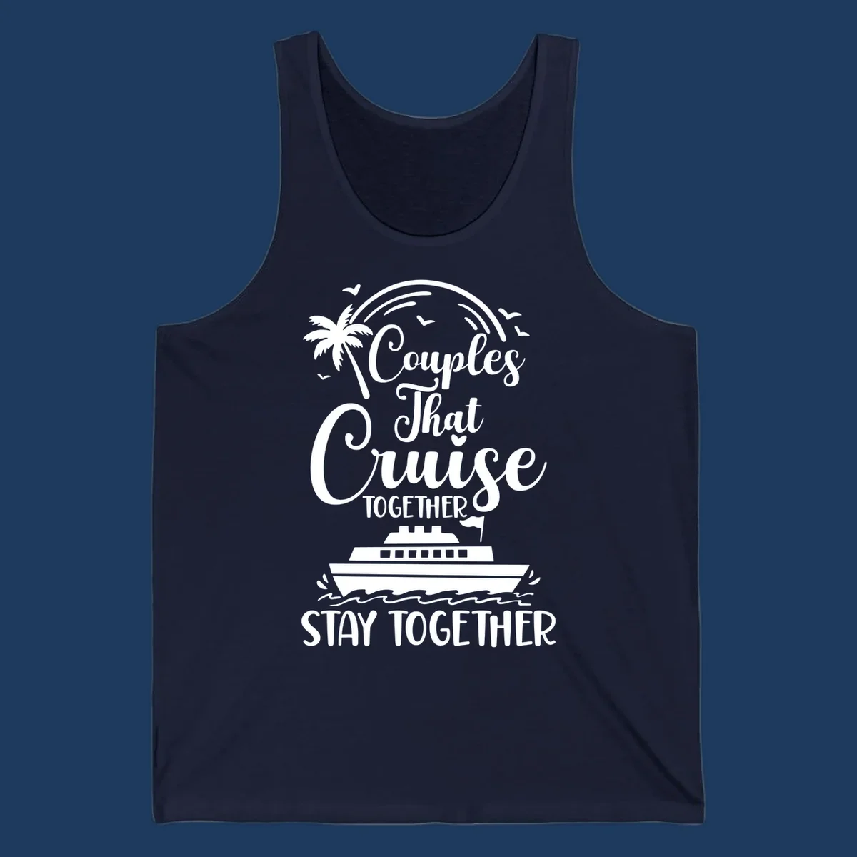 White illustration on gray background showing couples-cruise-together design with palm tree, cruise ship, waves, and seagulls