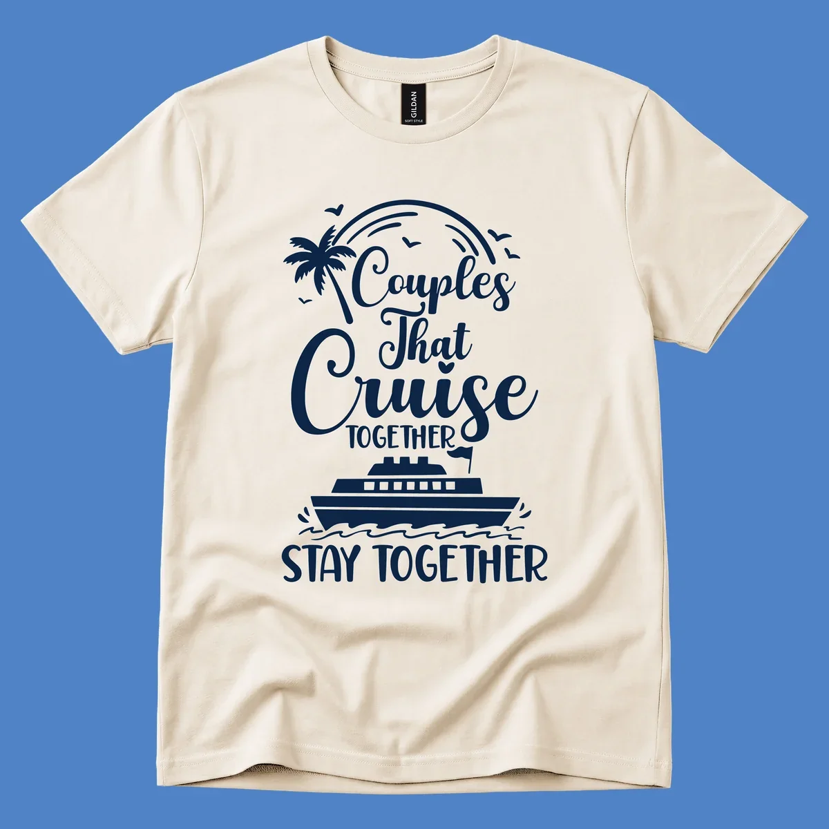White illustration on gray background showing couples-cruise-together design with palm tree, cruise ship, waves, and seagulls
