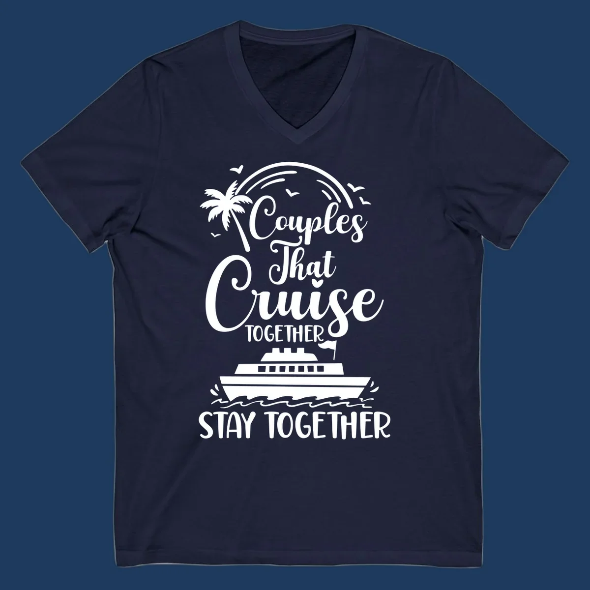 White illustration on gray background showing couples-cruise-together design with palm tree, cruise ship, waves, and seagulls