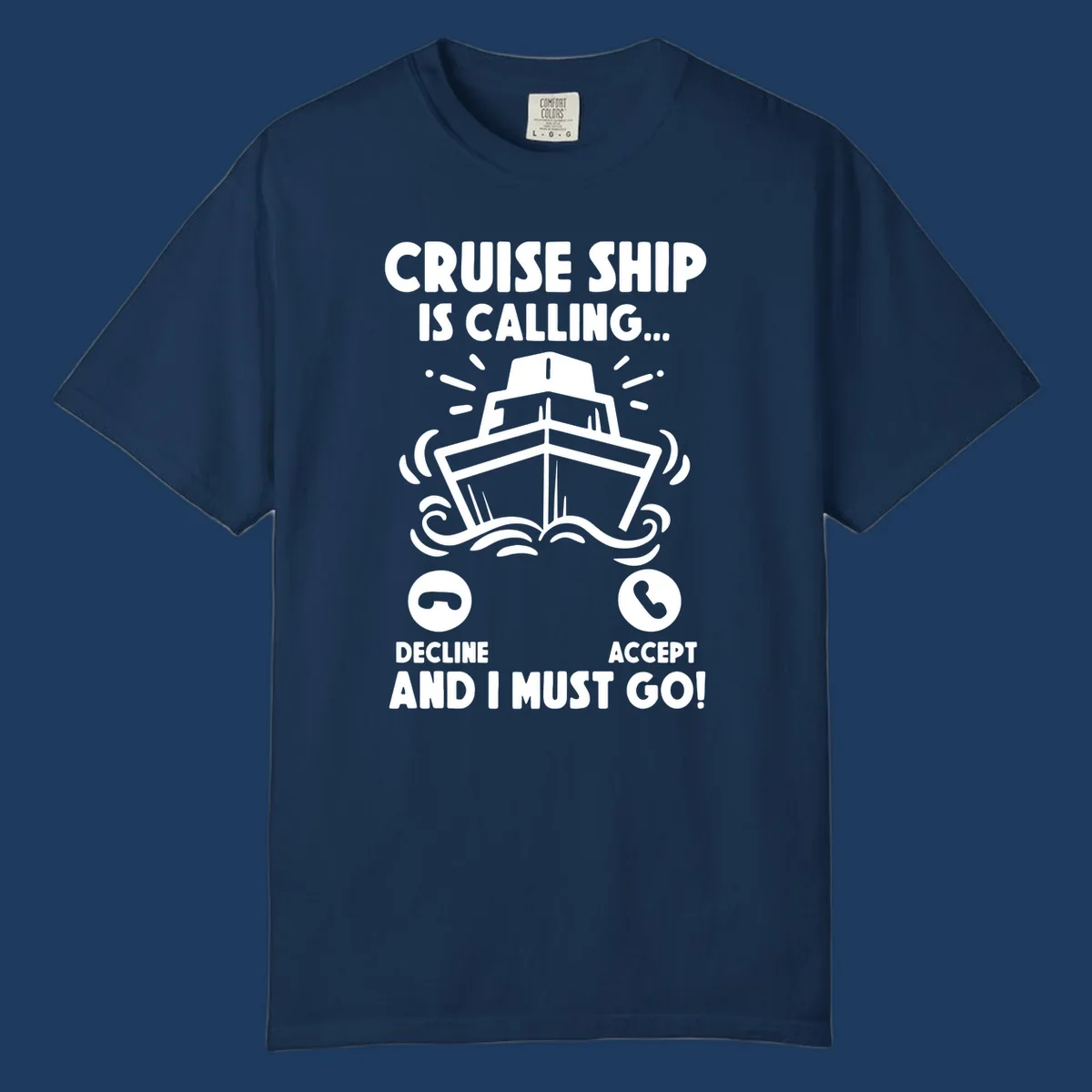 Illustration of a cruise ship with radiating lines and phone call interface showing decline and accept buttons, with text 'Cruise Ship Is Calling'