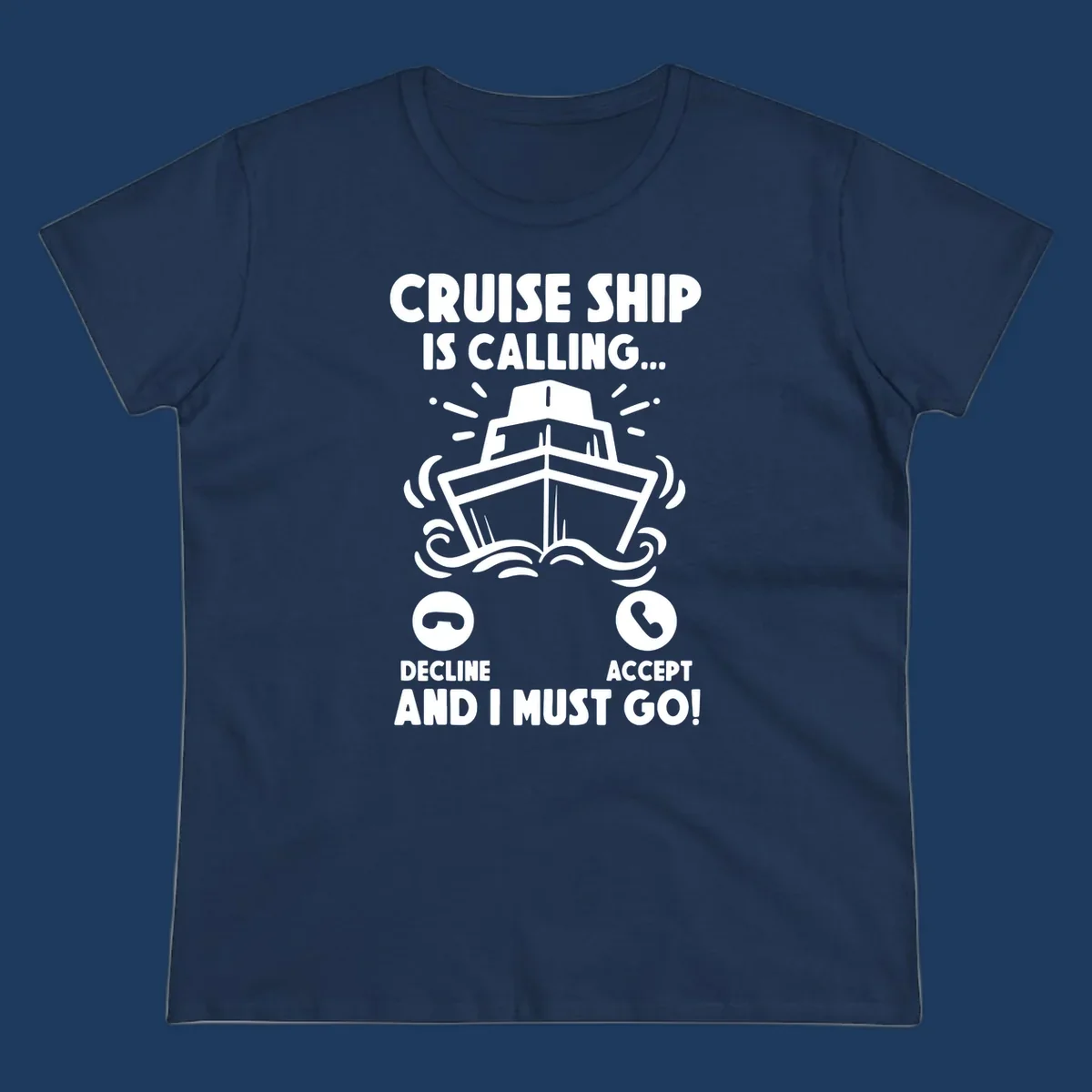 Illustration of a cruise ship with radiating lines and phone call interface showing decline and accept buttons, with text 'Cruise Ship Is Calling'