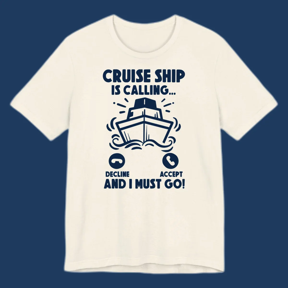 Illustration of a cruise ship with radiating lines and phone call interface showing decline and accept buttons, with text 'Cruise Ship Is Calling'