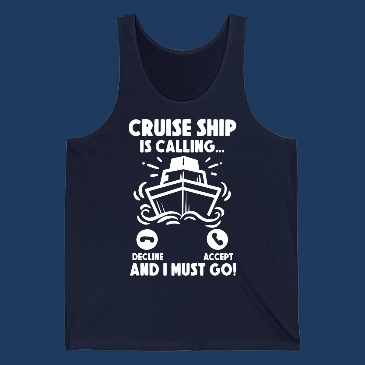 Illustration of a cruise ship with radiating lines and phone call interface showing decline and accept buttons, with text 'Cruise Ship Is Calling'