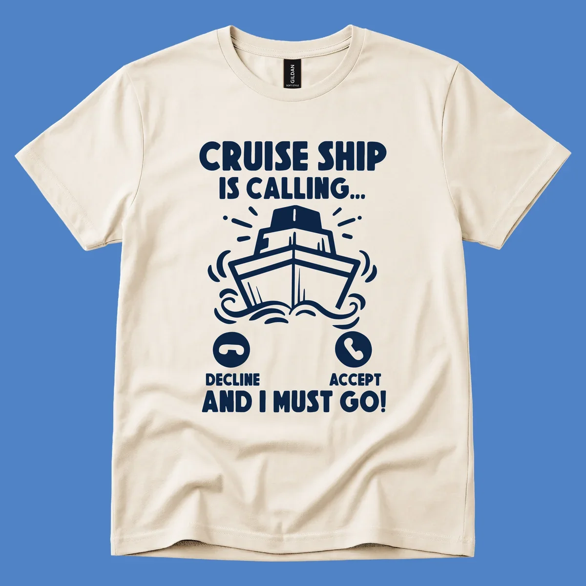 Illustration of a cruise ship with radiating lines and phone call interface showing decline and accept buttons, with text 'Cruise Ship Is Calling'