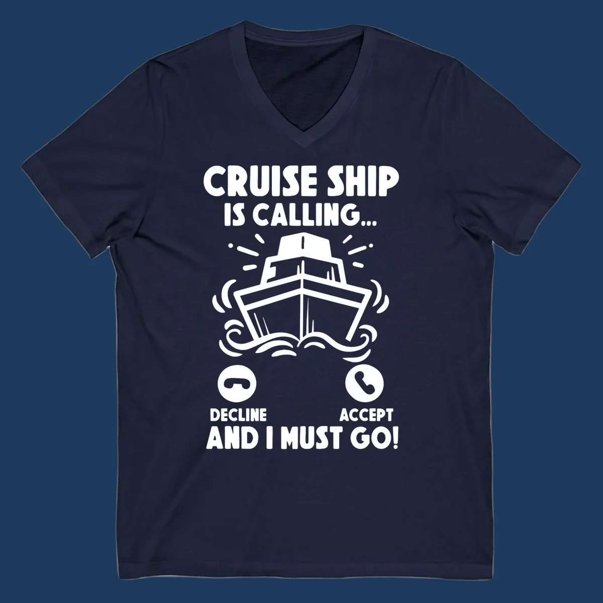 Illustration of a cruise ship with radiating lines and phone call interface showing decline and accept buttons, with text 'Cruise Ship Is Calling'