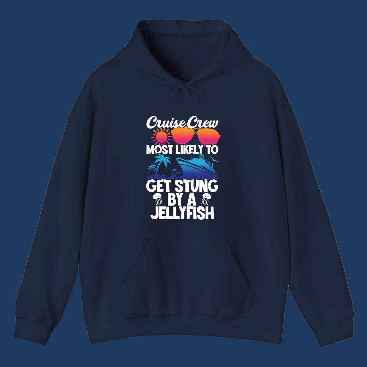 Colorful cruise-themed design with sun, ship, dolphins and jellyfish illustrating 'Most Likely To Get Stung By A Jellyfish' text