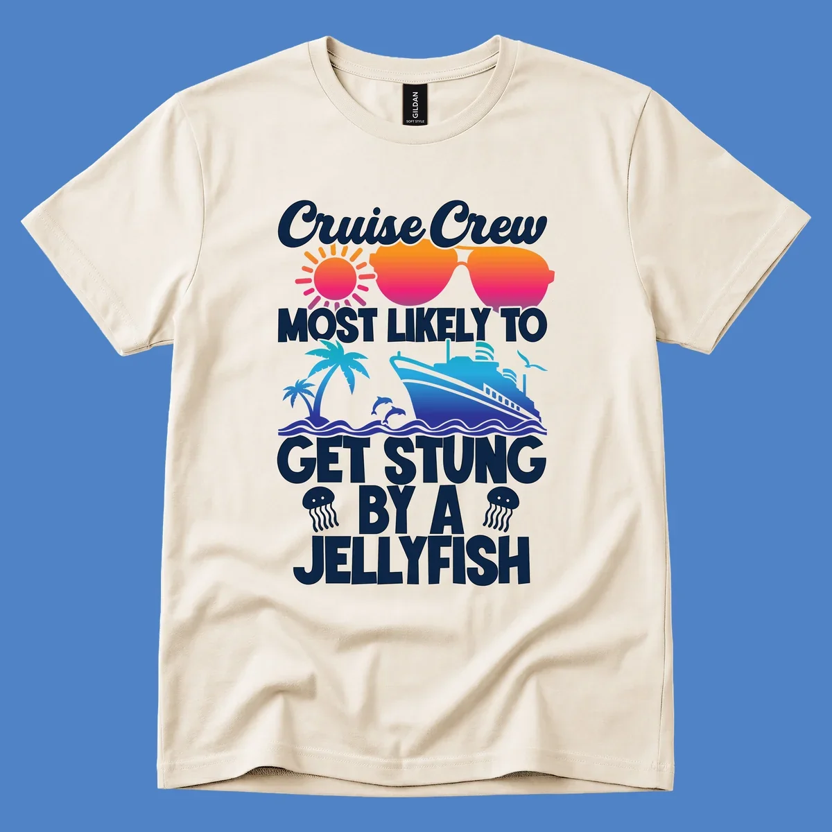Colorful cruise-themed design with sun, ship, dolphins and jellyfish illustrating 'Most Likely To Get Stung By A Jellyfish' text