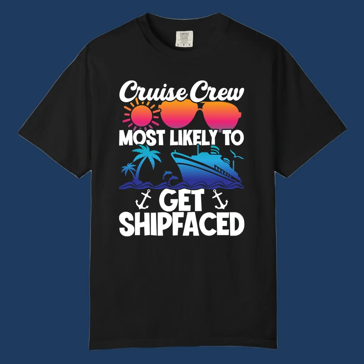 Shipfaced cruise crew design with sun, sunglasses, palm tree, ship, and ocean waves on gray background