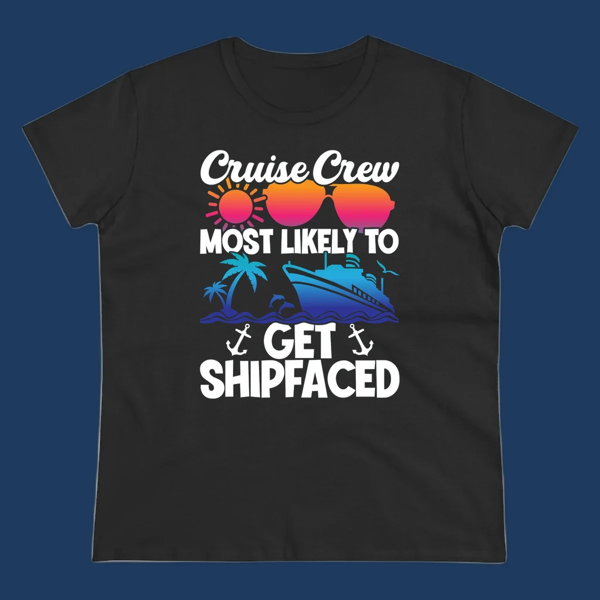 Shipfaced cruise crew design with sun, sunglasses, palm tree, ship, and ocean waves on gray background