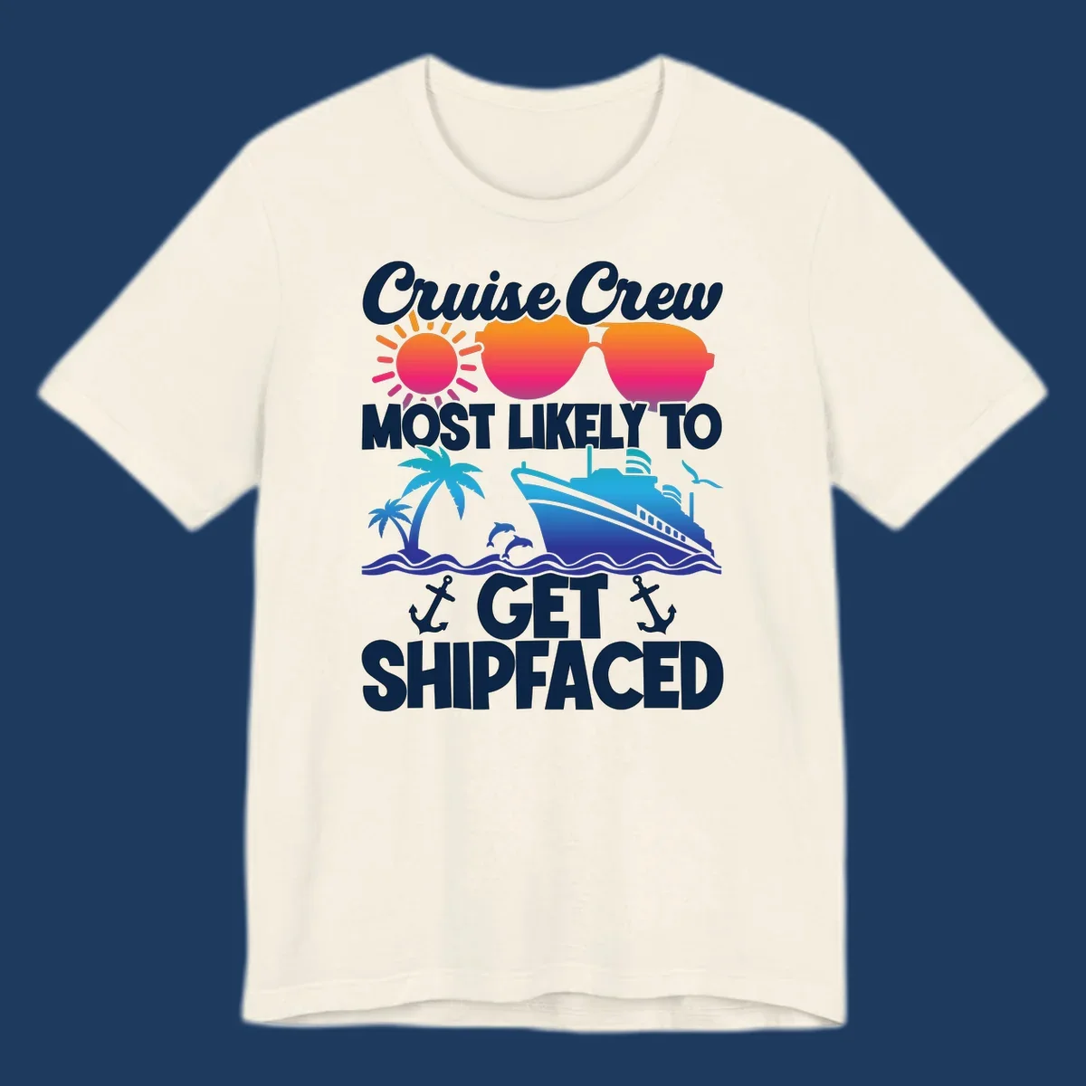 Shipfaced cruise crew design with sun, sunglasses, palm tree, ship, and ocean waves on gray background