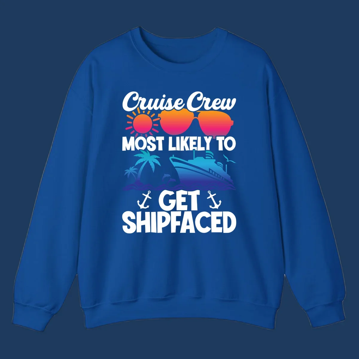 Shipfaced cruise crew design with sun, sunglasses, palm tree, ship, and ocean waves on gray background