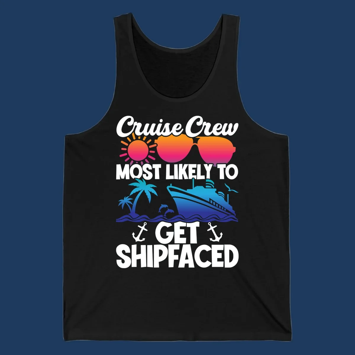 Shipfaced cruise crew design with sun, sunglasses, palm tree, ship, and ocean waves on gray background