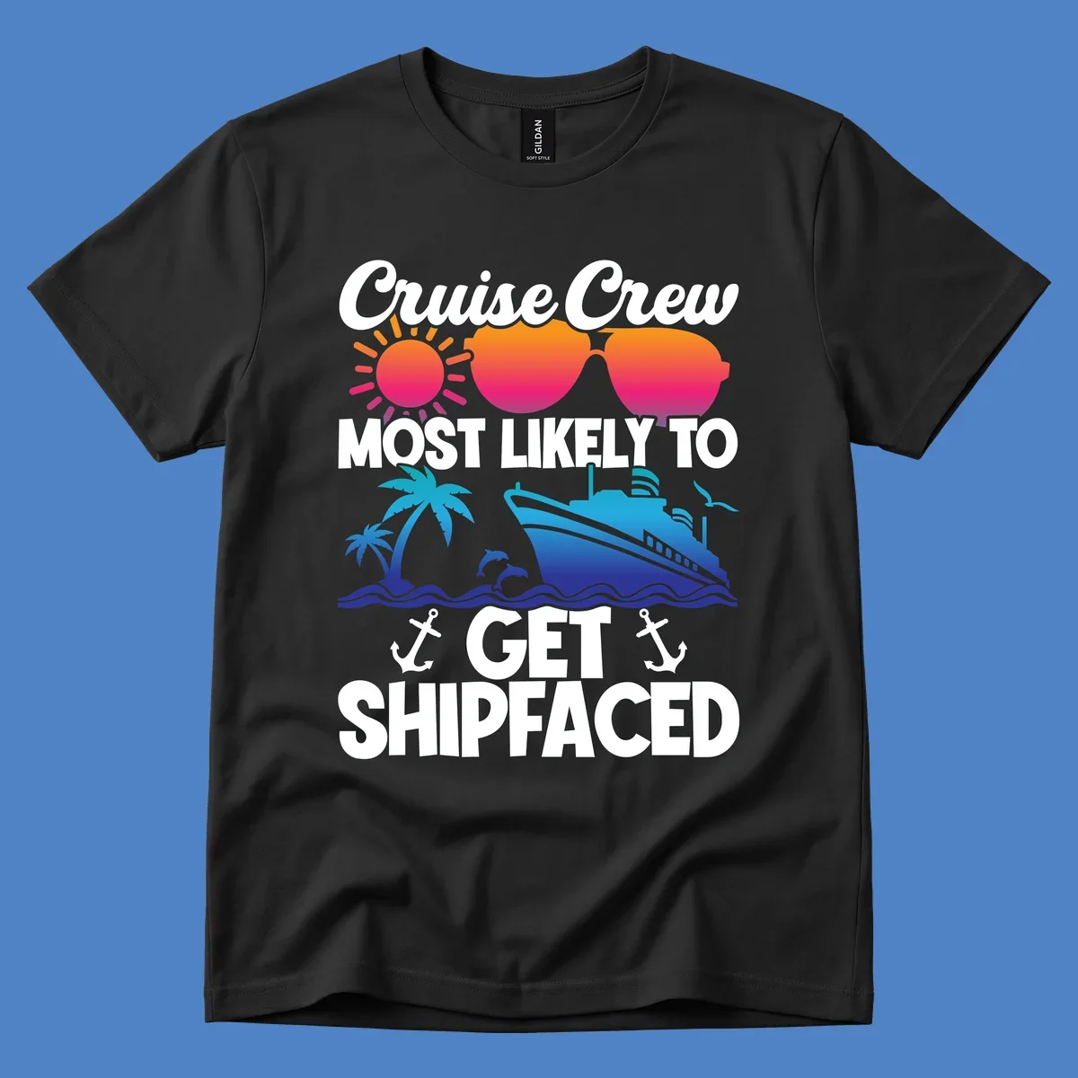 Shipfaced cruise crew design with sun, sunglasses, palm tree, ship, and ocean waves on gray background