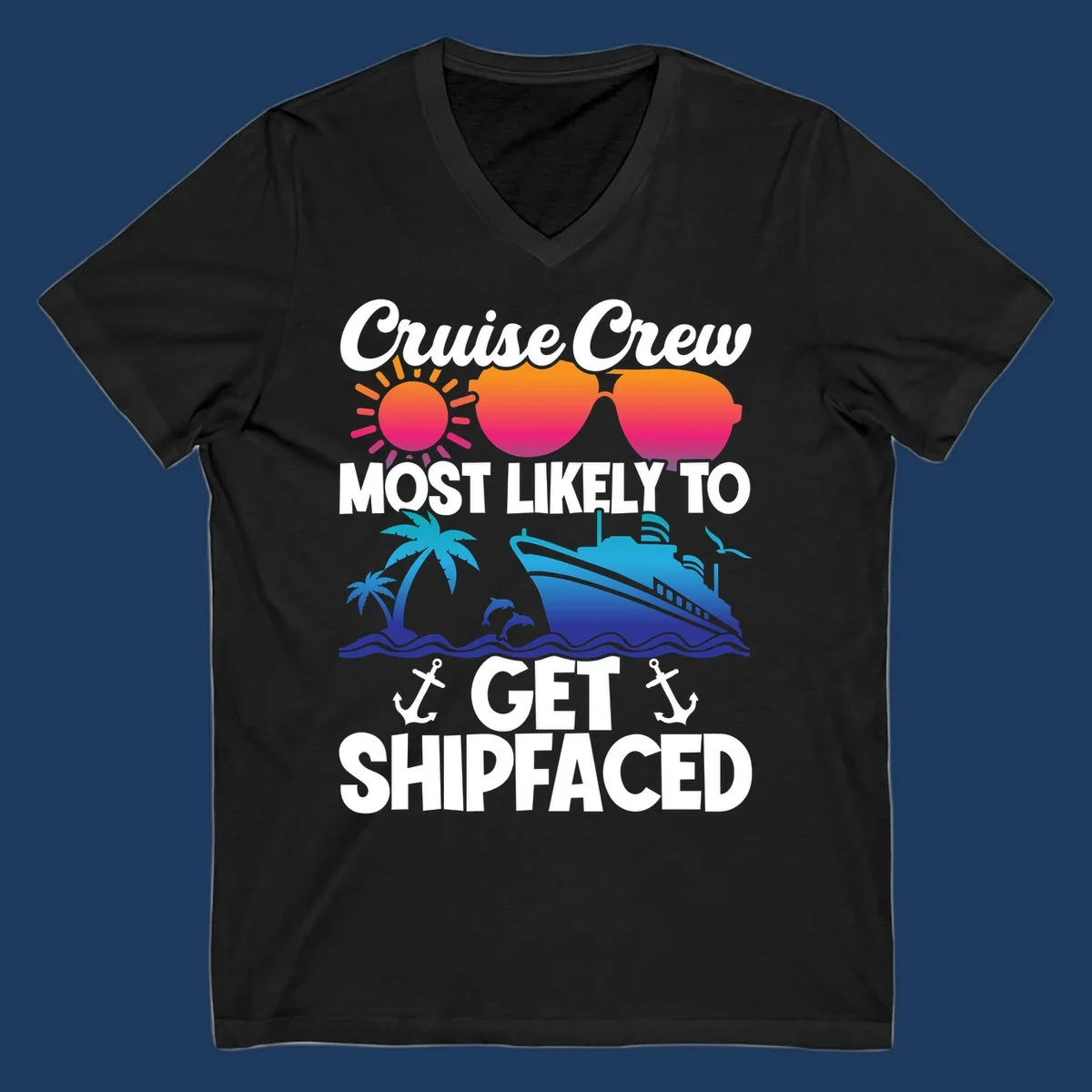 Shipfaced cruise crew design with sun, sunglasses, palm tree, ship, and ocean waves on gray background