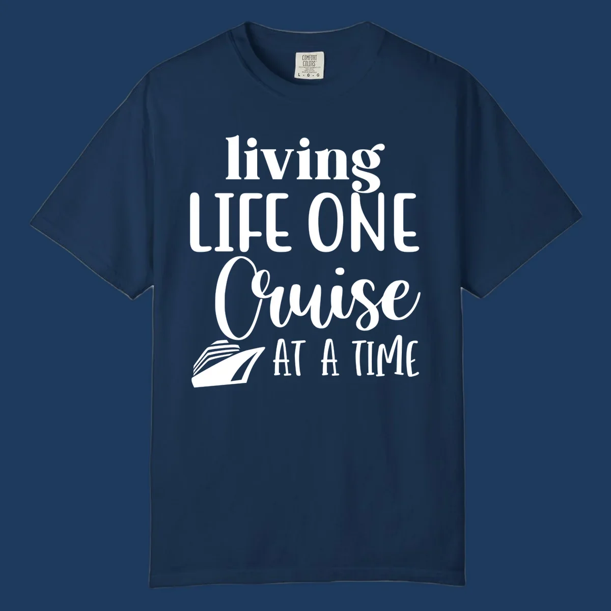 White text reading 'living LIFE ONE Cruise AT A TIME' with a cruise ship illustration on gray background
