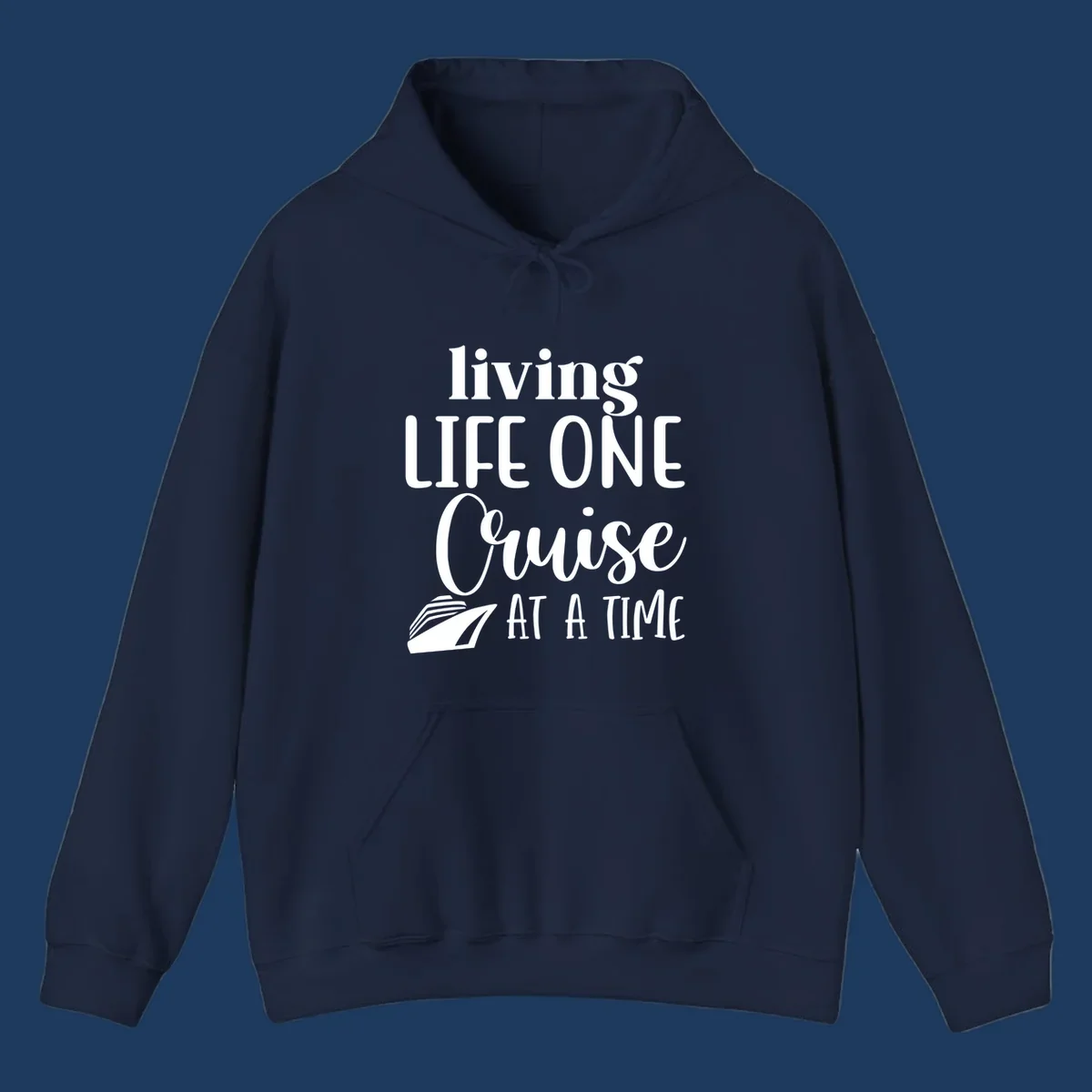 White text reading 'living LIFE ONE Cruise AT A TIME' with a cruise ship illustration on gray background