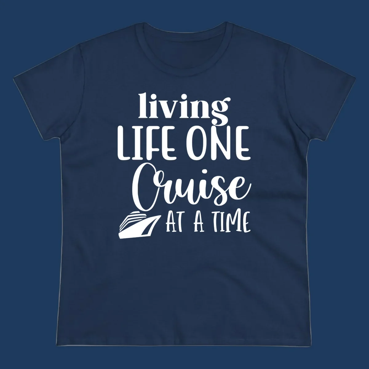White text reading 'living LIFE ONE Cruise AT A TIME' with a cruise ship illustration on gray background