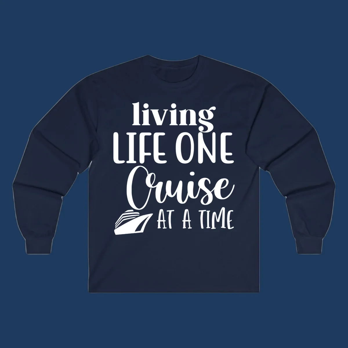 White text reading 'living LIFE ONE Cruise AT A TIME' with a cruise ship illustration on gray background