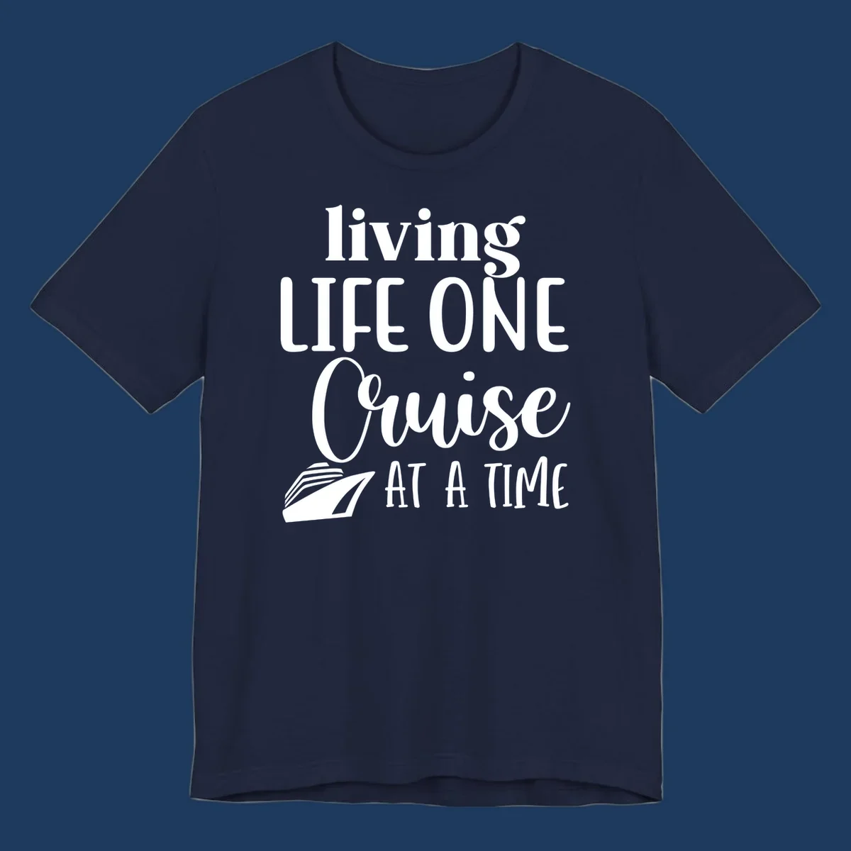 White text reading 'living LIFE ONE Cruise AT A TIME' with a cruise ship illustration on gray background