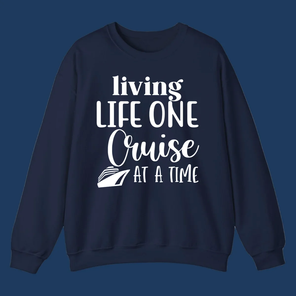 White text reading 'living LIFE ONE Cruise AT A TIME' with a cruise ship illustration on gray background