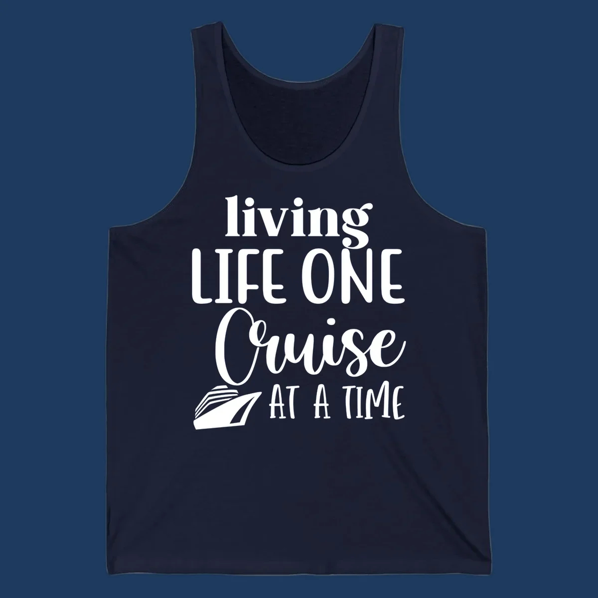 White text reading 'living LIFE ONE Cruise AT A TIME' with a cruise ship illustration on gray background