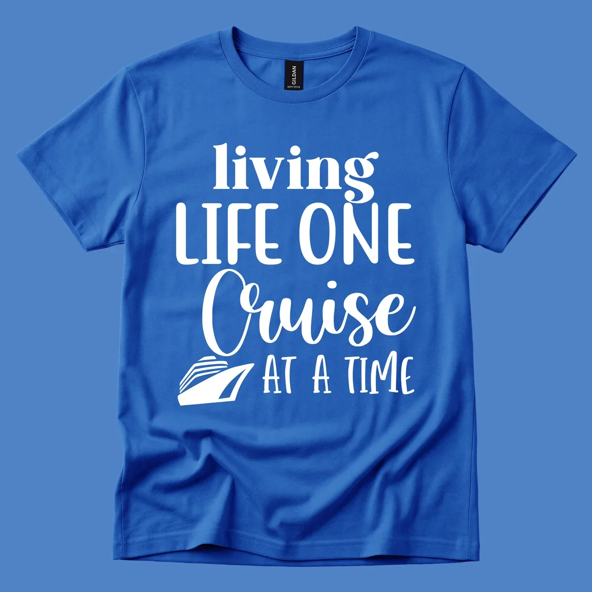 White text reading 'living LIFE ONE Cruise AT A TIME' with a cruise ship illustration on gray background
