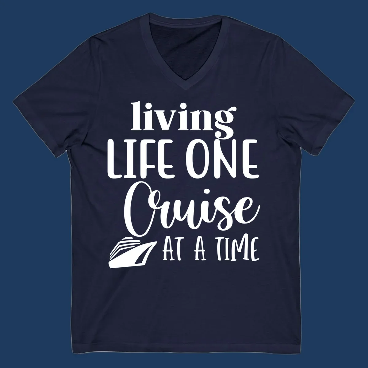 White text reading 'living LIFE ONE Cruise AT A TIME' with a cruise ship illustration on gray background