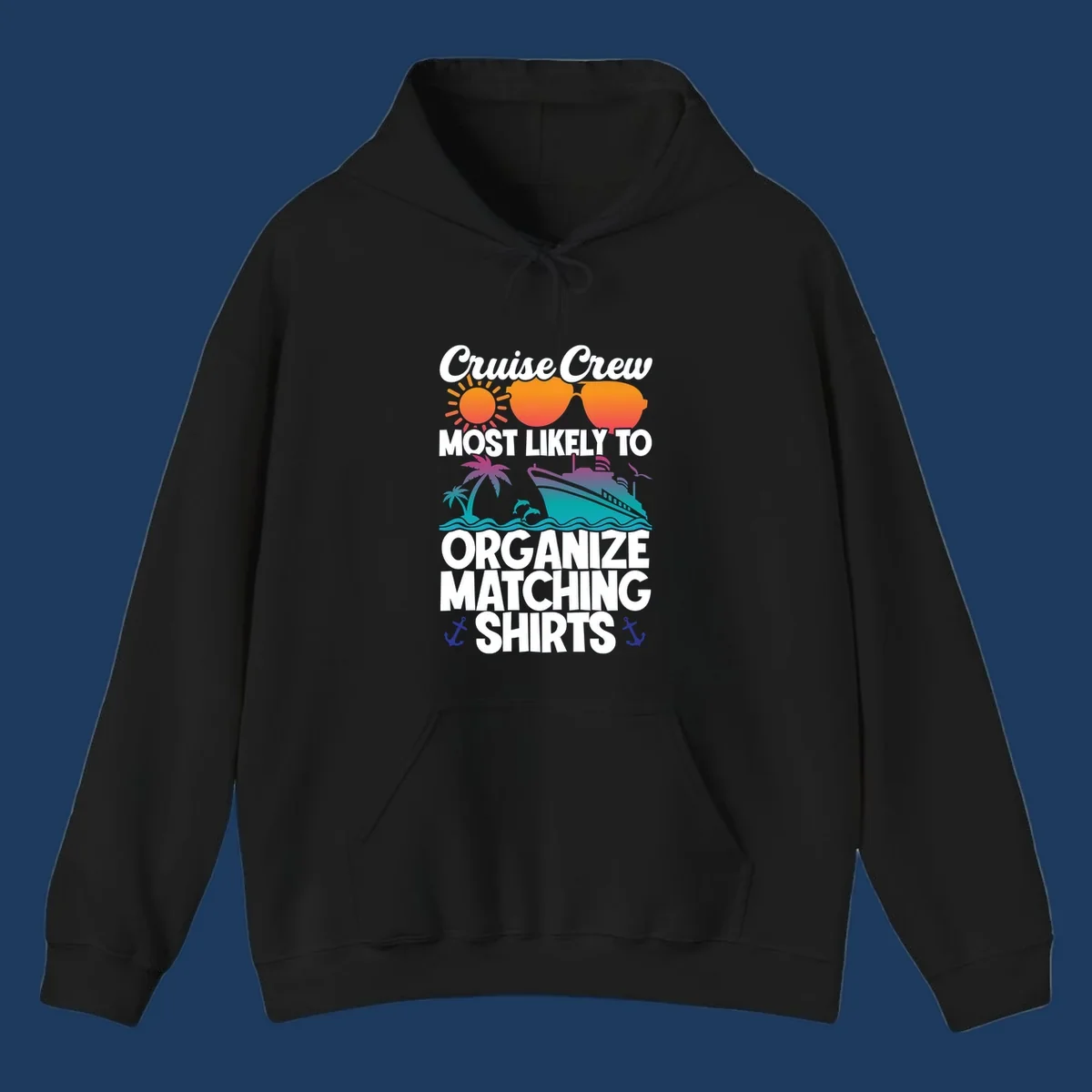 Colorful cruise-themed design with sun, heart sunglasses, ship, and palm tree illustrating organize-matching-cruise-shirts concept