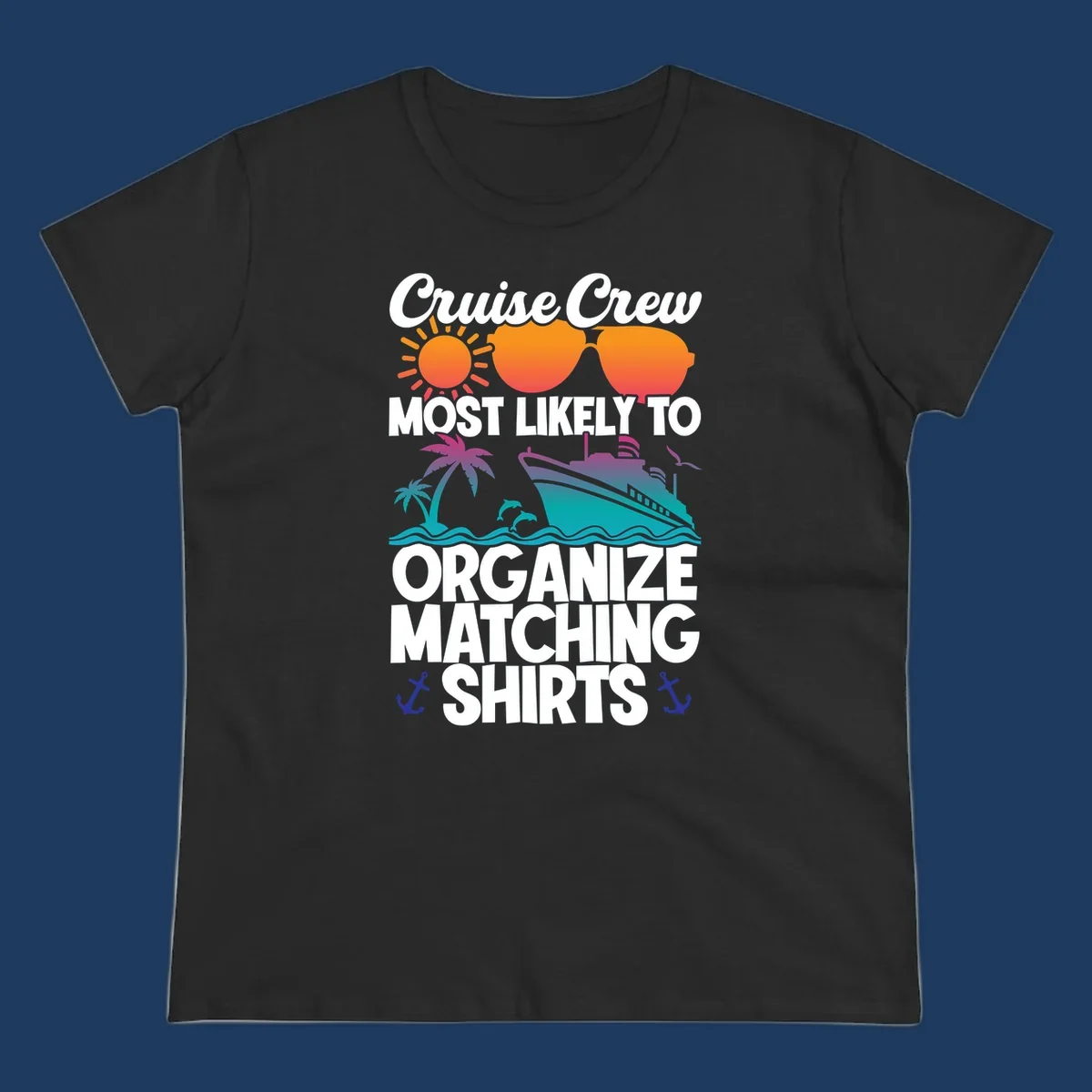 Colorful cruise-themed design with sun, heart sunglasses, ship, and palm tree illustrating organize-matching-cruise-shirts concept