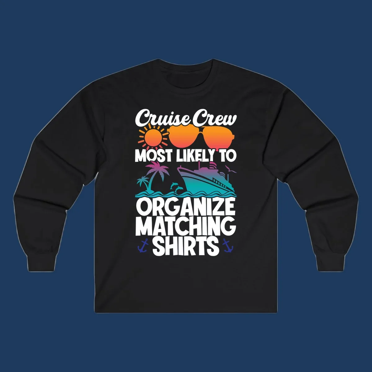 Colorful cruise-themed design with sun, heart sunglasses, ship, and palm tree illustrating organize-matching-cruise-shirts concept