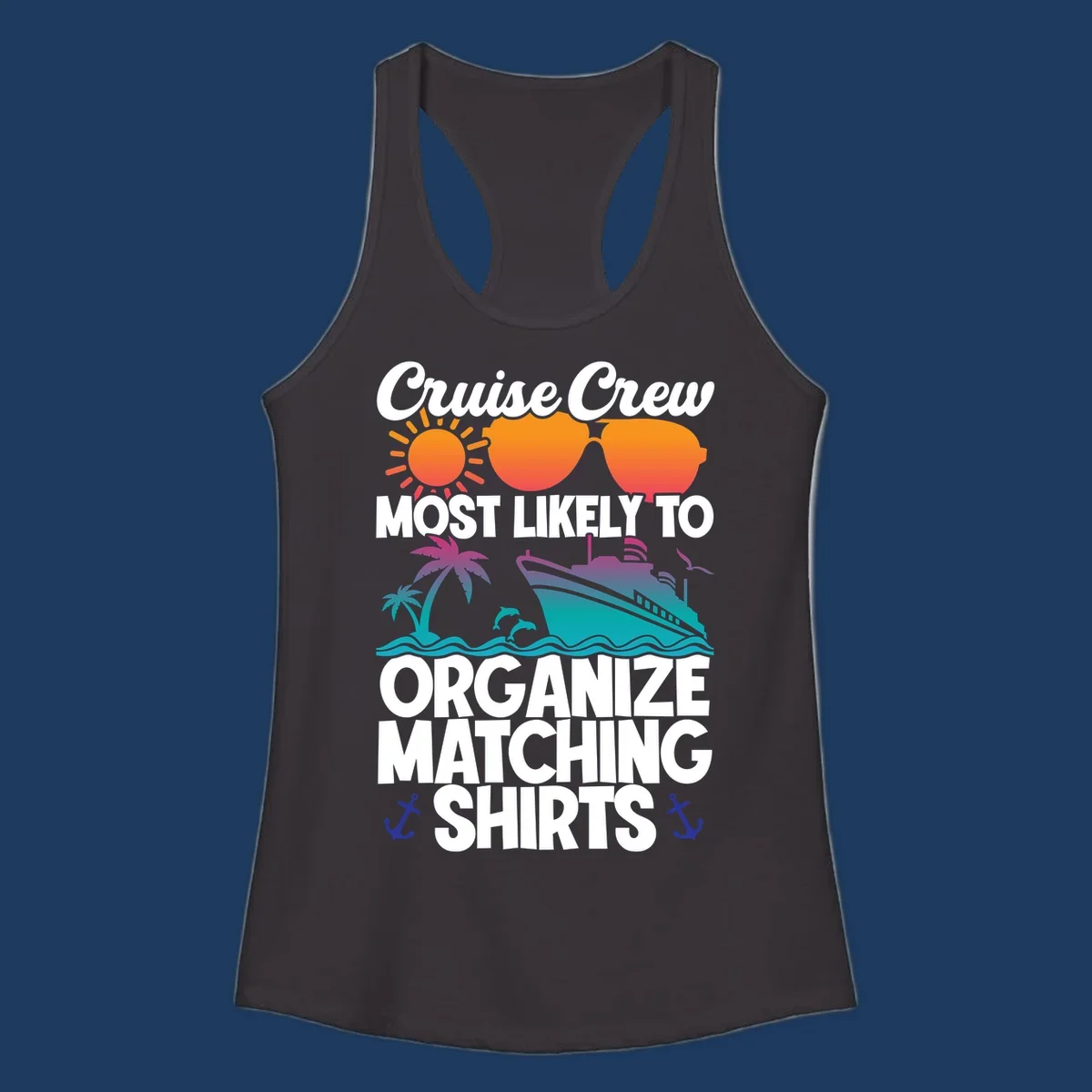 Colorful cruise-themed design with sun, heart sunglasses, ship, and palm tree illustrating organize-matching-cruise-shirts concept