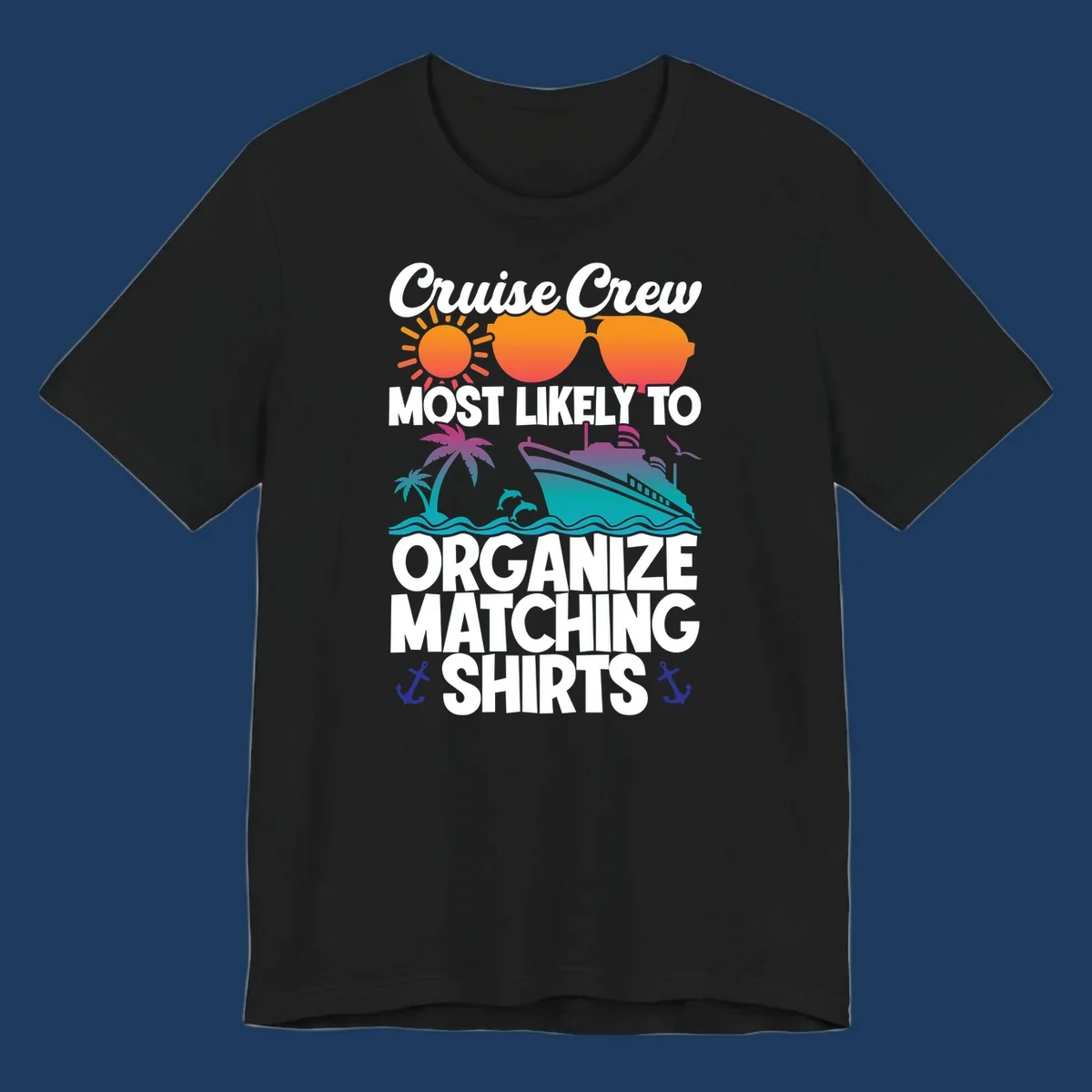 Colorful cruise-themed design with sun, heart sunglasses, ship, and palm tree illustrating organize-matching-cruise-shirts concept