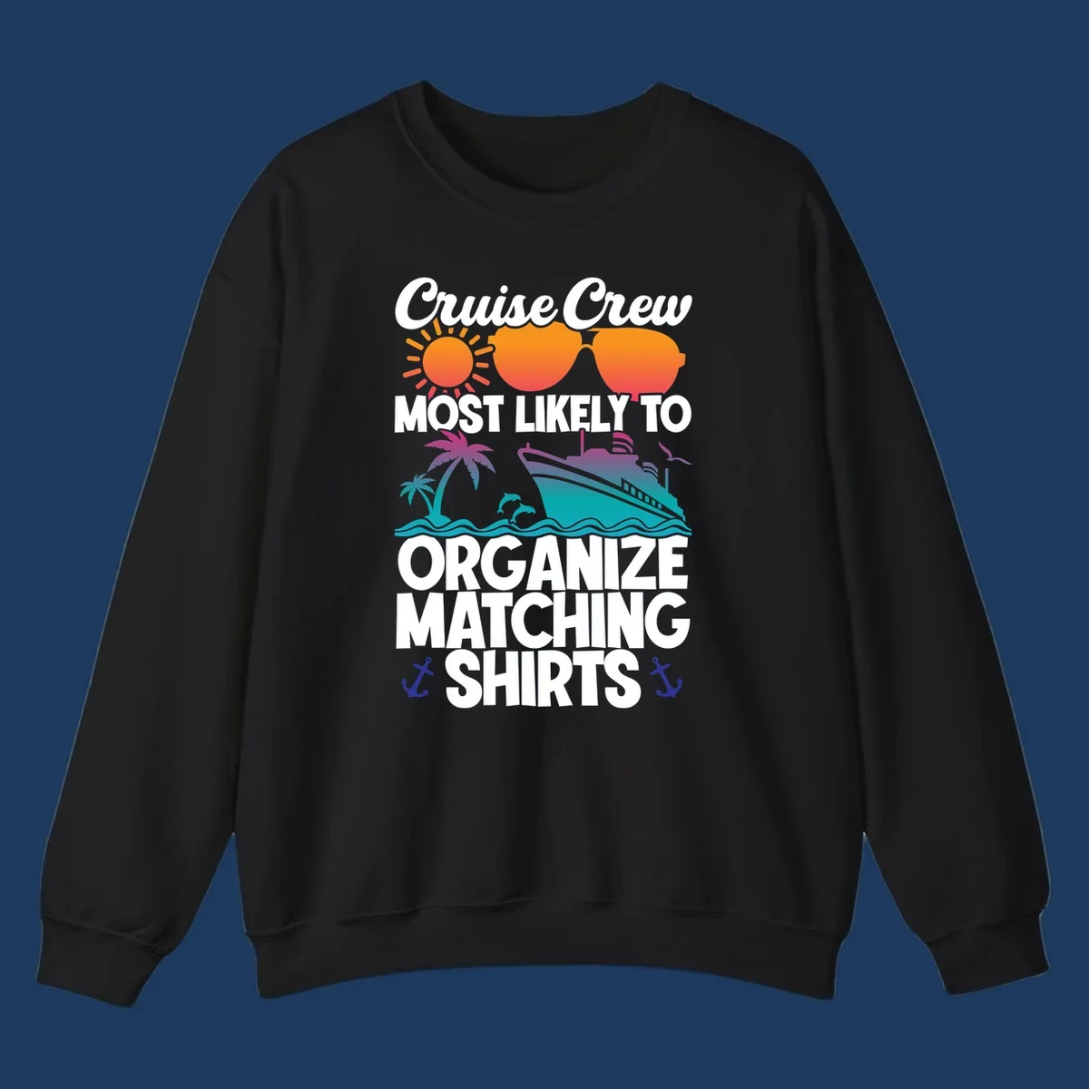 Colorful cruise-themed design with sun, heart sunglasses, ship, and palm tree illustrating organize-matching-cruise-shirts concept