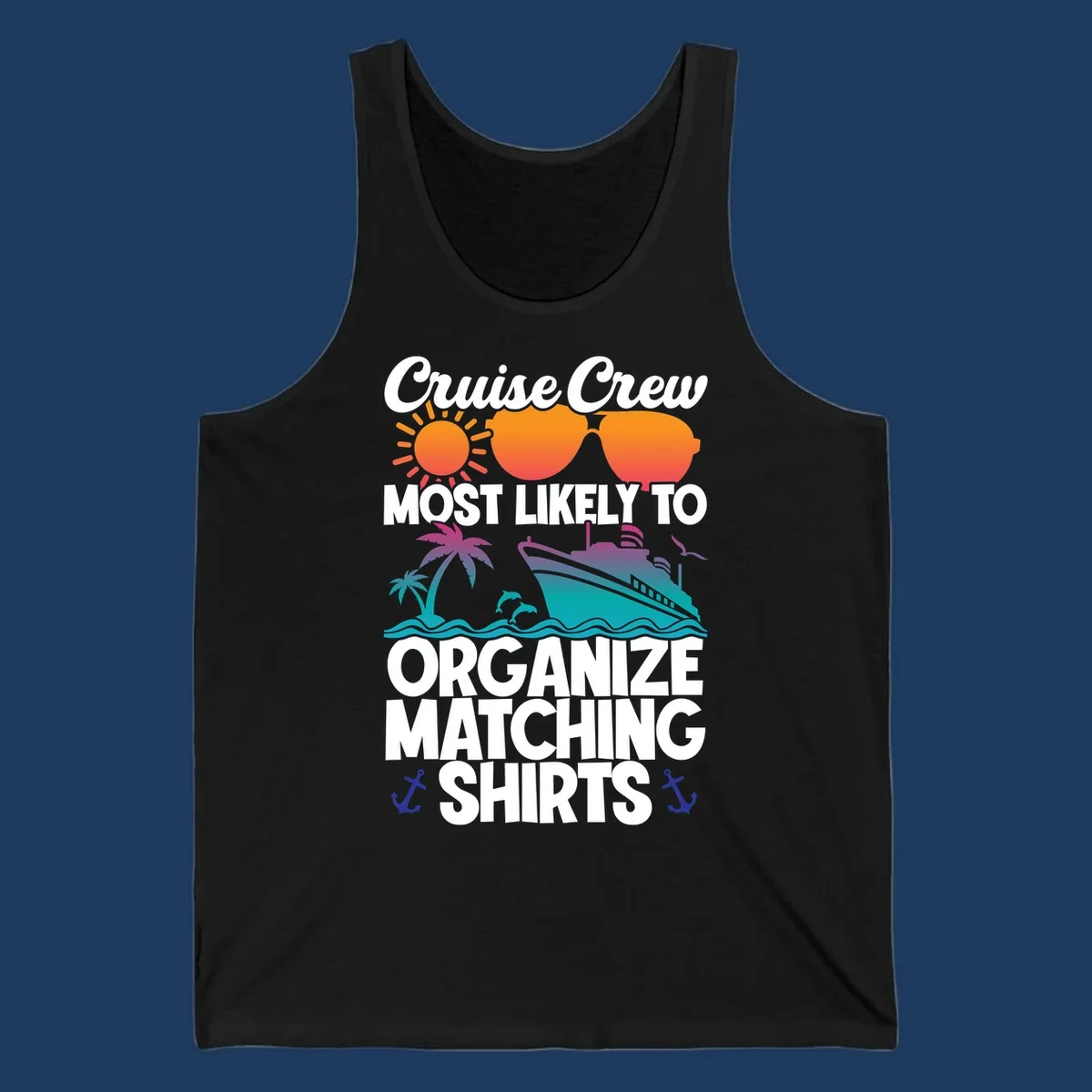 Colorful cruise-themed design with sun, heart sunglasses, ship, and palm tree illustrating organize-matching-cruise-shirts concept