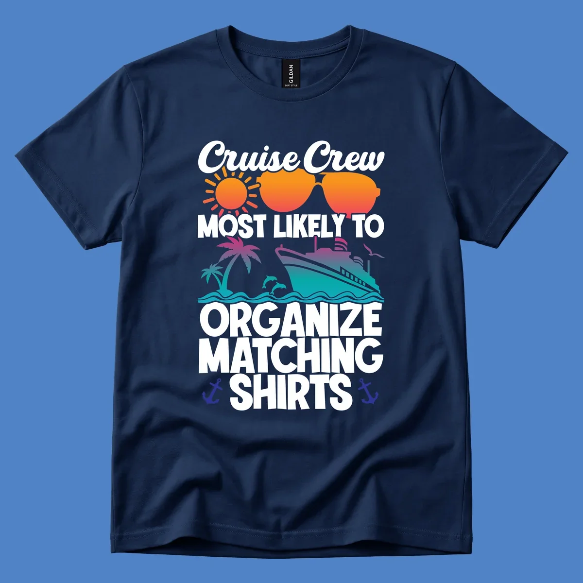 Colorful cruise-themed design with sun, heart sunglasses, ship, and palm tree illustrating organize-matching-cruise-shirts concept