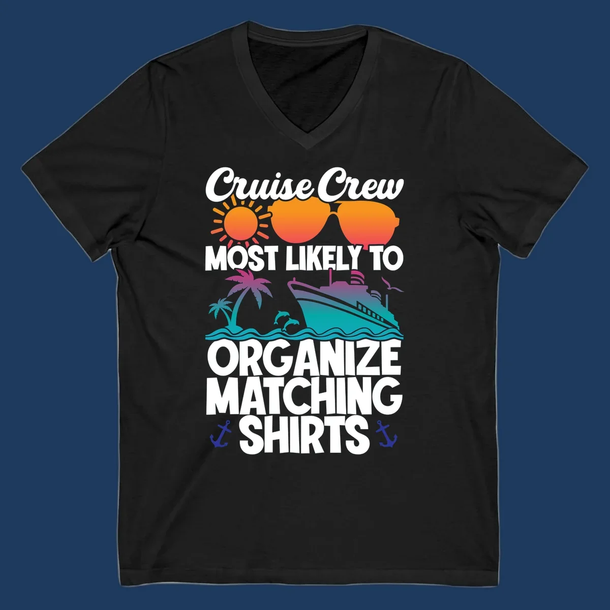 Colorful cruise-themed design with sun, heart sunglasses, ship, and palm tree illustrating organize-matching-cruise-shirts concept
