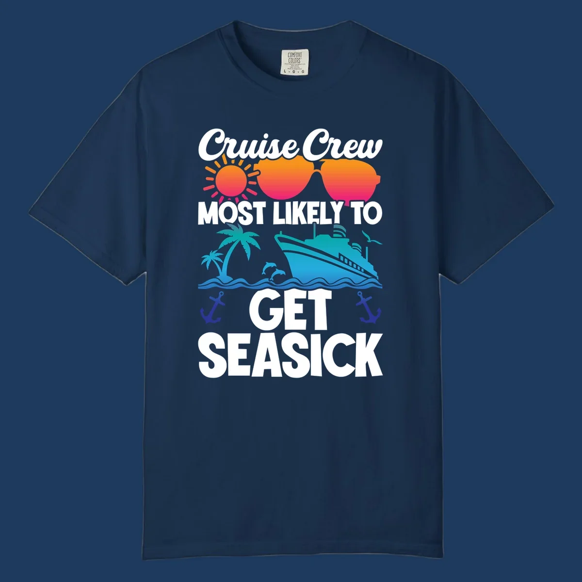 Cruise crew seasick design with colorful sunglasses, sun, palm trees, ship and anchors on gray background