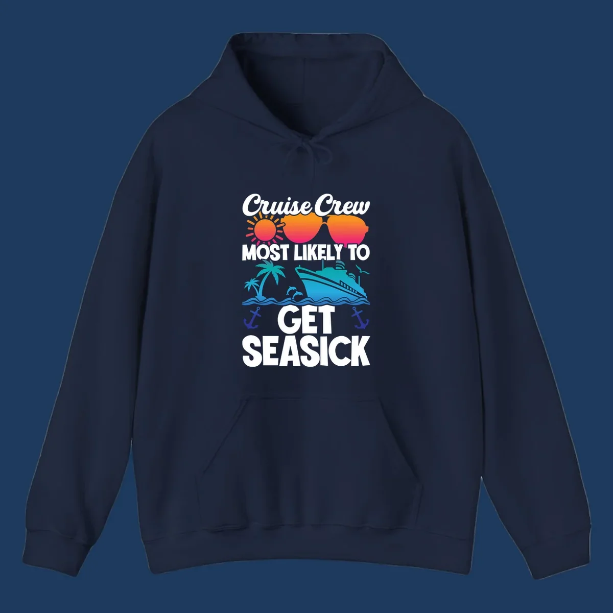 Cruise crew seasick design with colorful sunglasses, sun, palm trees, ship and anchors on gray background