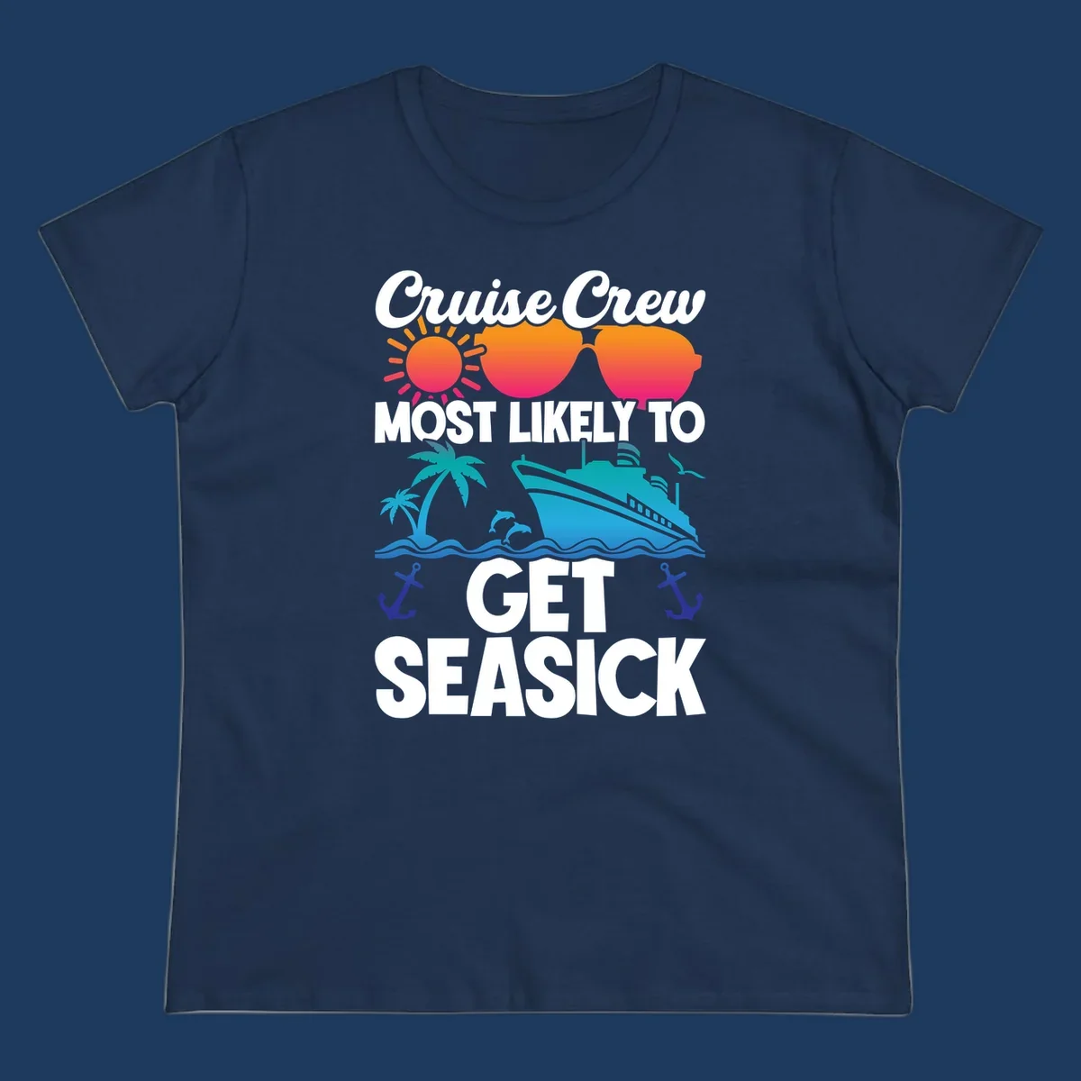 Cruise crew seasick design with colorful sunglasses, sun, palm trees, ship and anchors on gray background