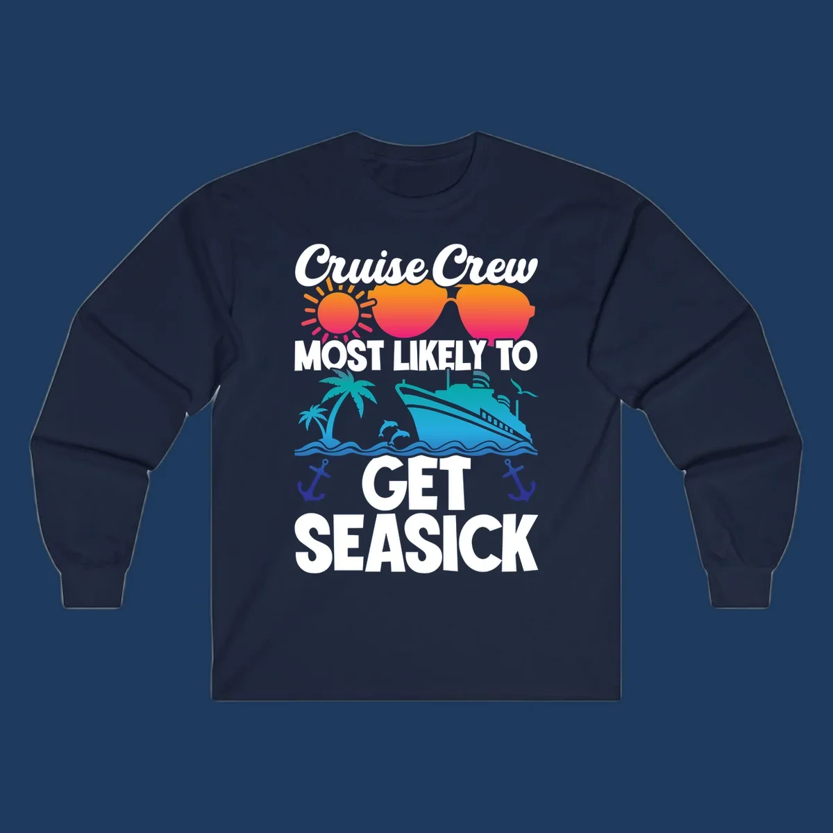 Cruise crew seasick design with colorful sunglasses, sun, palm trees, ship and anchors on gray background