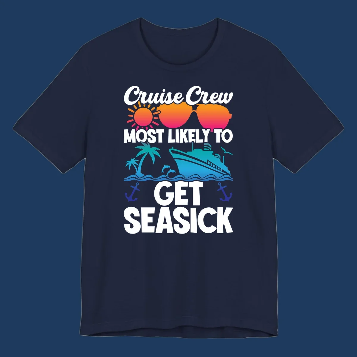 Cruise crew seasick design with colorful sunglasses, sun, palm trees, ship and anchors on gray background