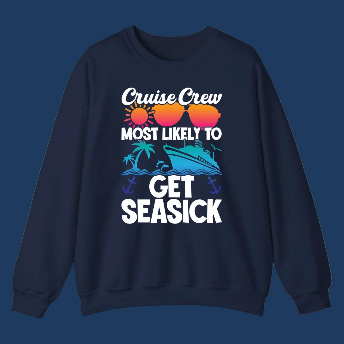 Cruise crew seasick design with colorful sunglasses, sun, palm trees, ship and anchors on gray background