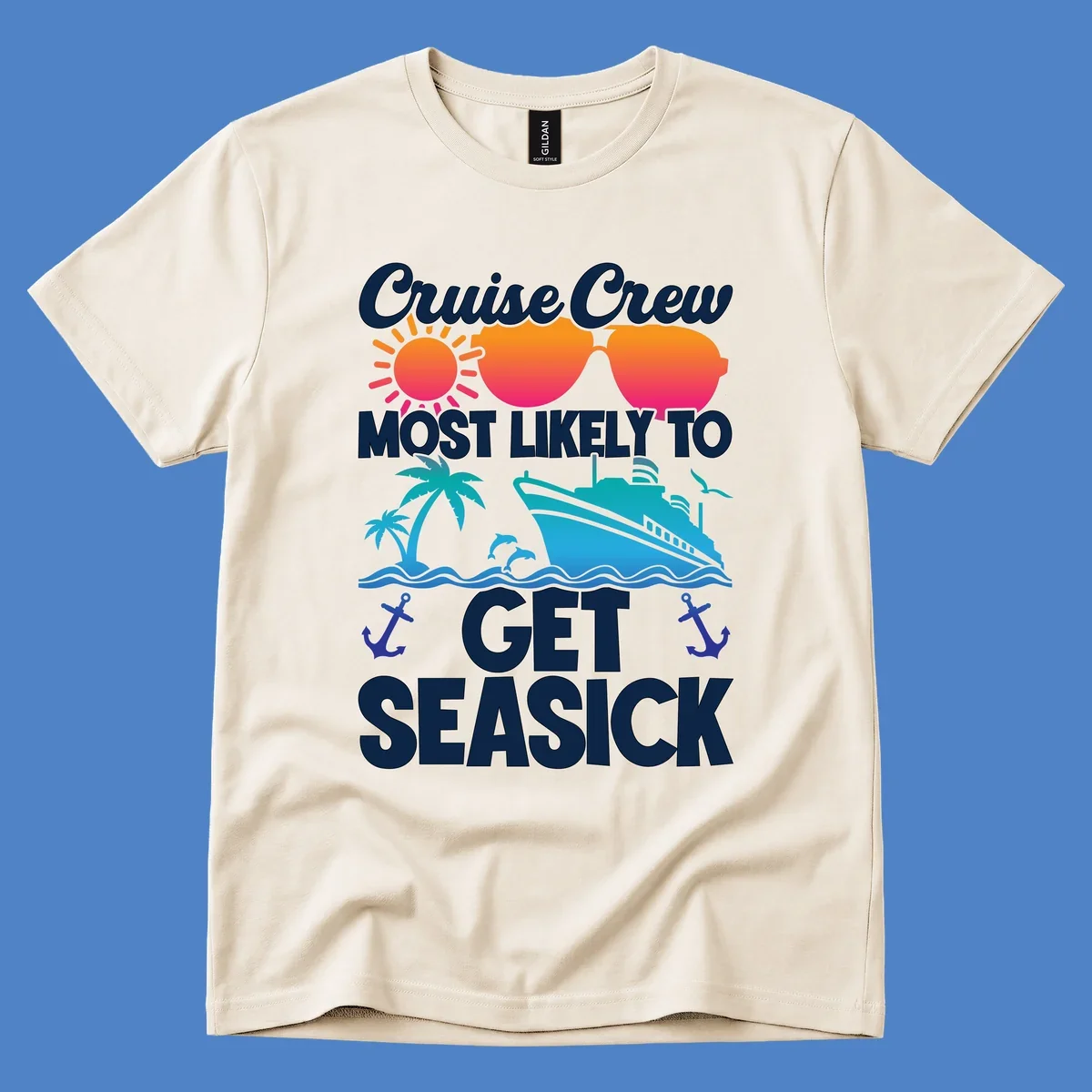 Cruise crew seasick design with colorful sunglasses, sun, palm trees, ship and anchors on gray background