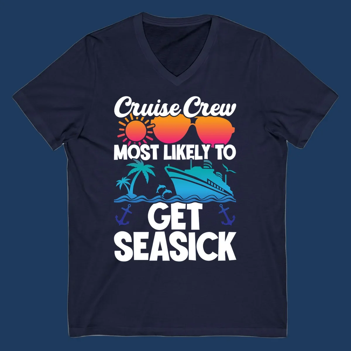 Cruise crew seasick design with colorful sunglasses, sun, palm trees, ship and anchors on gray background