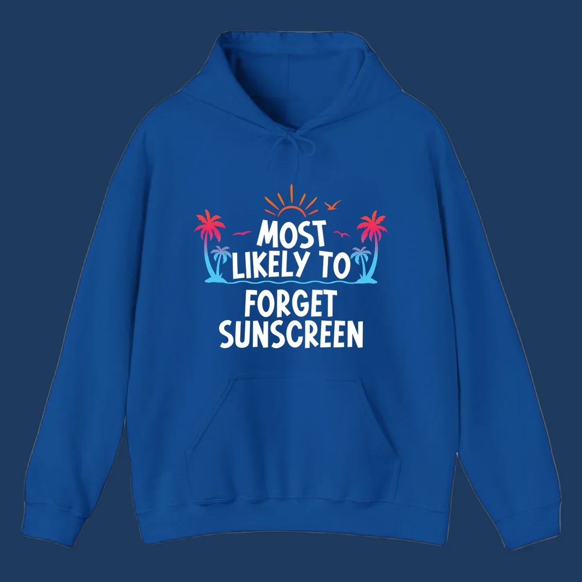 Tropical beach scene with rising sun, palm trees, and text reading 'Most Likely To Forget Sunscreen' in white letters