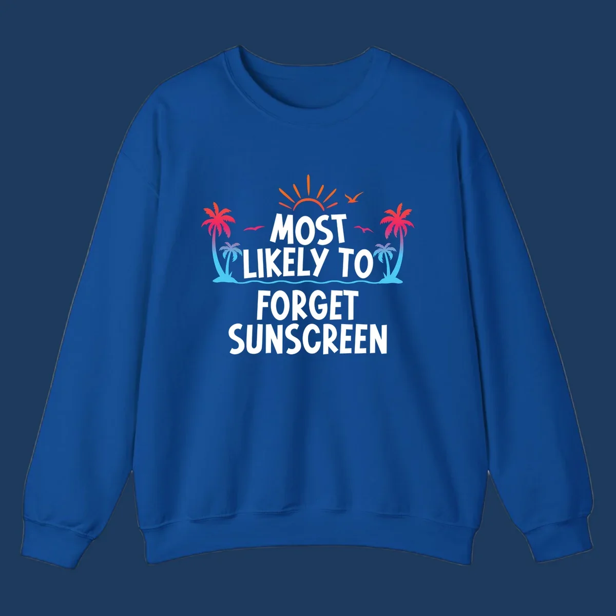 Tropical beach scene with rising sun, palm trees, and text reading 'Most Likely To Forget Sunscreen' in white letters